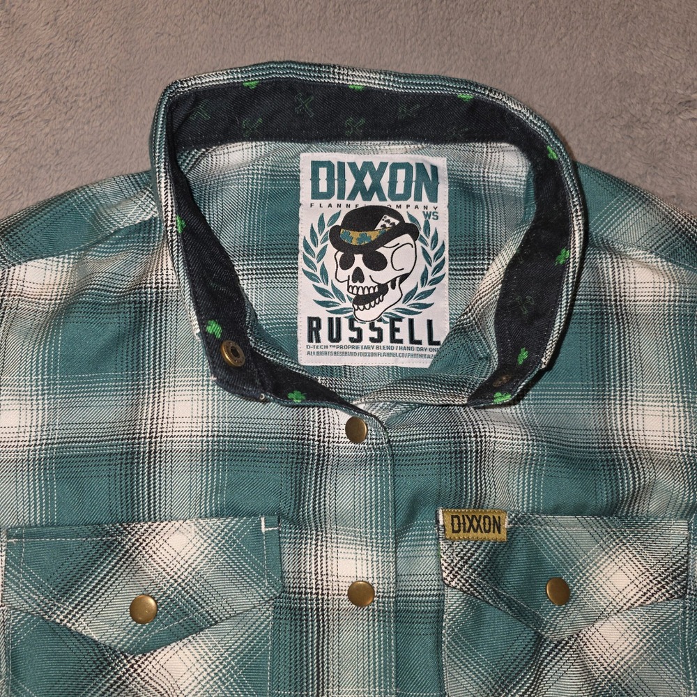 Dixxon Flannel Co Russell Teal White Plaid D-Tech Snap Button Shirt Womens XS